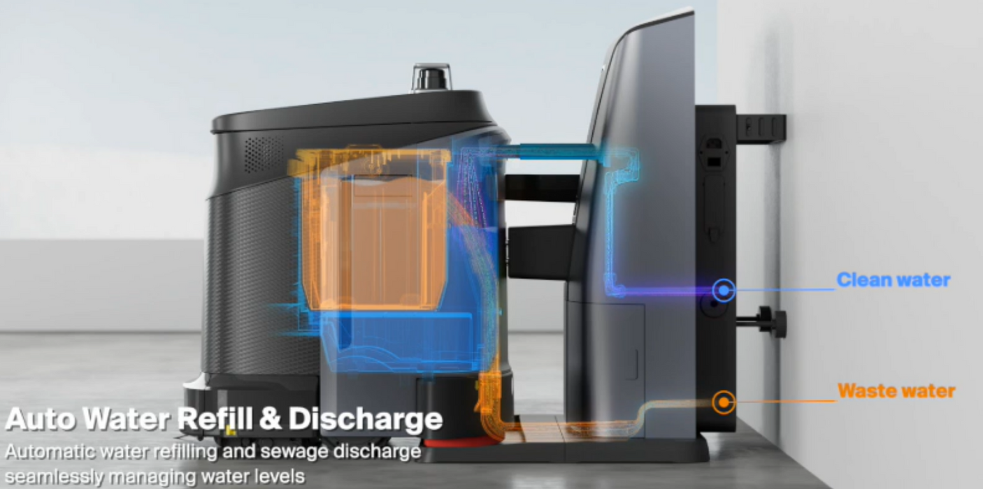 Gausium Phantas workstation showing automatic clean-water refill and wastewater discharge